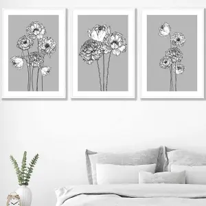 Set of 3 Sketch Art Peonies on Grey Wall Art Prints / 50x70cm / White Frame