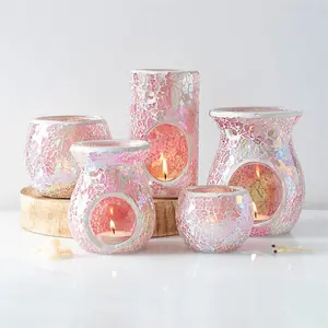 Pink Iridescent Glass Pillar Shaped Oil, Wax Melt Burner. Mirrored Crackle Effect. H14.5 cm