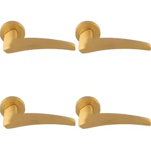 4 PACK - Premium Elegant Curve Door Handle Set - Satin Brass Bar Lever on Round Rose