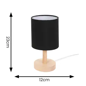 ValueLights Nelly Set of 2 - Natural Wood Base Bedside Table Lamps with Black Cylinder Fabric Lampshade for Bedroom Light