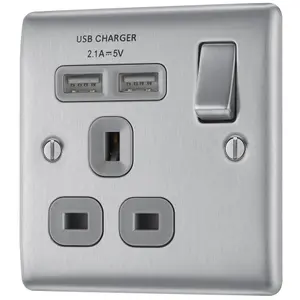 BG Brushed Steel Single 13A Raised slim Switched Screwed Socket with USB, x2 & Grey inserts