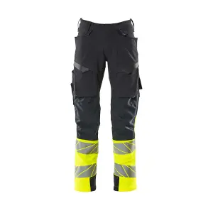 Mascot Accelerate Safe Trousers with Kneepad Pockets - Dark Navy/Hi-Vis Yellow   (35.5) (Leg Length - Regular)