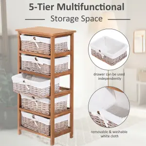 HOMCOM 5 Drawer Wicker Basket Storage Shelf Unit Wooden Frame Home Natural