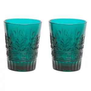 Set of 2 Blue Art Deco Embossed Drinking Glass Tumblers