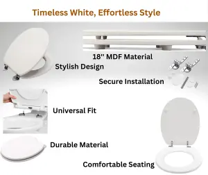 18 INCH MDF Universal Oval Toilet Seat, Stainless Steel Hinges, Eco-Friendly, Adjustable Seat (White)