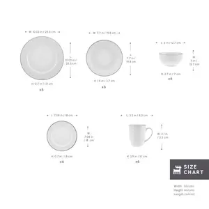 Karaca Lea 30-Piece New Generation Bone China Dinner Set for 6 People, White Black (Set of 6)