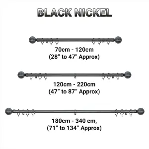 A.Unique Home Etched Ball Metal Extendable Curtain Pole with Rings and Fittings (25/28mm) - Black Nickel, 70cm - 120cm Approx