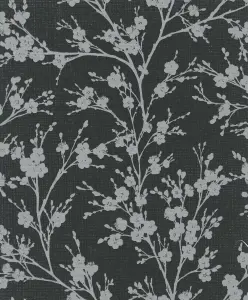 Galerie Home Collection Black/Silver Metallic Floral Trail Wallpaper Roll