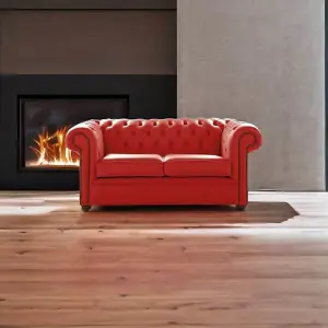 Chesterfield 2 Seater Shelly Flame Red Leather Sofa Settee Bespoke In Classic Style