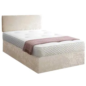 Loria Divan Bed Set with Headboard and Mattress - Crushed Fabric, Cream Color, 2 Drawers Right Side