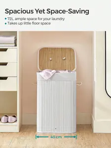 SONGMICS Laundry Basket With Lid, 72L, Bamboo Laundry Hamper, Collapsible Laundry Bin With Removable Washable Liner Bag, White