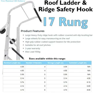 17 Rung Roof Ladder & Ridge Safety Hook Single Section 4.3m Tile Grip Steps