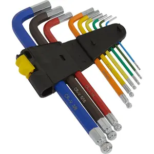 9 Piece Colour Coded Long Ball-End Hex Key Set - Imperial Sizes with Anti-Slip Grip