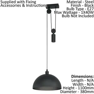 Hanging Ceiling Pendant Light Black Rise & Fall 1x 40W E27 Adjustable Height