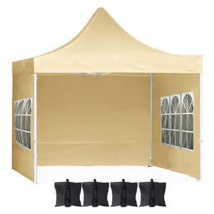 Beige Deluxe Commercial Gazebo with Zipped Removable Sides - 3m x 3m - Waterproof PVC Coated