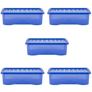 Wham Crystal 5x 32L Plastic Storage Boxes with Lids. Medium Size, Strong . Made in the UK Tint Spectrum Blue