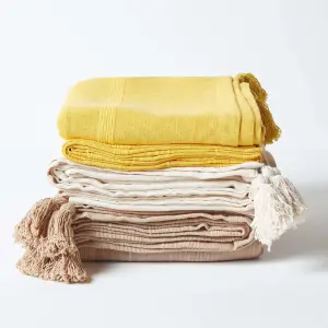 Homescapes Cotton Rajput Ribbed Yellow Throw, 255 x 360 cm