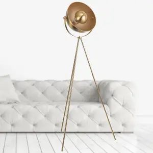 First Choice Lighting Industrial Style Satin Brass Tripod Floor Lamp