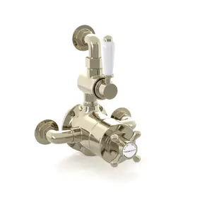 ENKI Downton English Gold White Traditional Brass Thermostatic Twin Shower Valve with Return to Wall Bend T110