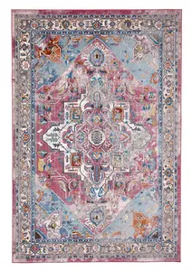 Blue Traditional Rug, 6mm Thick Bordered Rug, Blue Floral Rug for Bedroom, Living Room, & Dining Room-120cm X 170cm