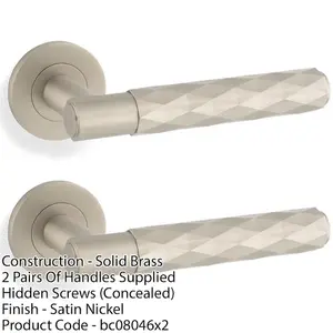 2 PACK - PAIR Diamond Lever on Round Rose Door Handle - Satin Nickel Concealed Screw