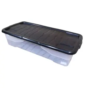 2 x 42L Clear Under Bed Storage Box with Black Lid, Stackable and Nestable Design Storage Solution