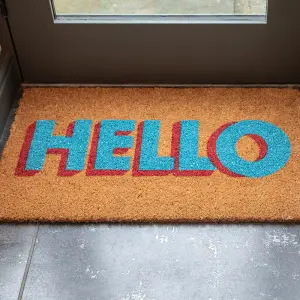 Printed Natural Coir Door Mat Novelty Blue Hello Decorative Heavy Duty Entrance Mat 45cm x 75cm Indoor / Sheltered Outdoor Use