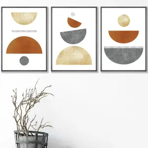 Set of 3 Orange, Gold and Grey Abstract Mid Century Geometric Wall Art Prints / 42x59cm (A2) / Dark Grey Frame