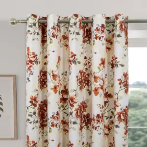 Betty Floral Design Lined Eyelet Curtains for Living Room or Bedroom - Cotton Rich Panama Fabric - Terracotta, 168 x 137cm