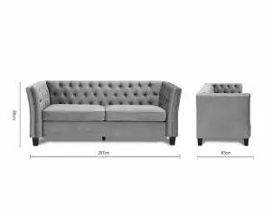 Chelsea Velvet Fabric 3 Seater Sofa, Light Grey