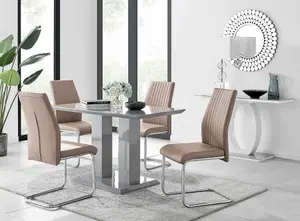 Imperia Grey High Gloss 4 Seater Dining Table with Structural 2 Plinth Column Legs 4 Beige Faux Leather Lorenzo Chairs