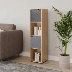 URBNLIVING 119cm Height Oak Wooden Cube Bookcase with Grey Line Door Display Shelf Storage Shelving Cupboard