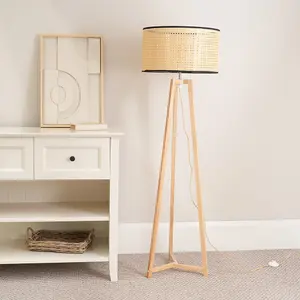 ValueLights Lottie Natural Wood Tripod Floor Lamp with Natural Woven Rattan Shade - LED Bulb Included