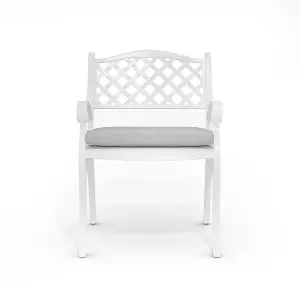 Set of 2 White Retro Curved Seat Cast Aluminum Garden Chairs Patio Dining Armchair Set with Cushions