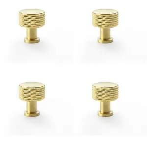 4 PACK - Round Knurled Door Knob - 29mm Diameter Satin Brass Radio Cupboard Pull Handle