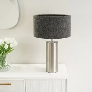 ValueLights Lexy Brushed Chrome Touch Table Lamp with Charcoal Grey Boucle Shade