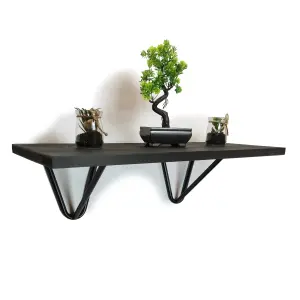 Solid Pine Rustical Shelf Black Ash Black Hairpin Bracket Style 25x90cm