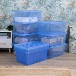 Wham Crystal Sparkle 10x 45L Plastic Storage Boxes with Lids Tint Sparkle Blue. Medium Size, Strong (Pack of 10, 45 Litre)