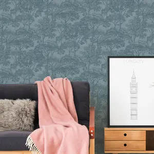 Galerie Havana Blue Tree Motif Textured Wallpaper