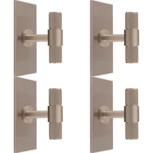 4 PACK - Reeded T Bar Cabinet Door Knob & Matching Backplate Lined Satin Nickel 76 x 40mm