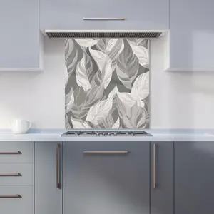 Grey Floral Leaves Premium Glass Kitchen Splashback W600mm x H600mm