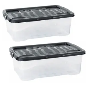 2 x 24 Litre Clear Transparent Base Stackable Curve Plastic Storage Boxes With Black Lids