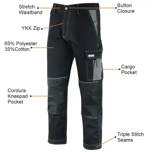 MS9 Mens Cargo Combat Work Working Trouser Trousers Pants Jeans with Multifuncational Pockets, Black - 30W/34L