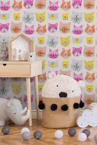 Cat Themed Wallpaper Colourful Kittens Textured Pink Orange Yellow Grey Kids