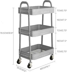 simpa 3 Tier Metal Multipurpose Wheeled Storage Cart - GREY