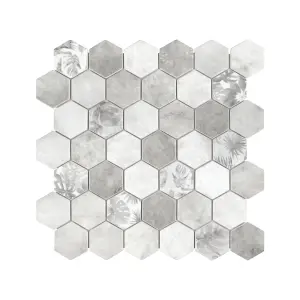 Manon Grey Matt Glass effect Hexagon Palm Leaf Recycled glass Mosaic tile sheet, (L)298mm (W)302mm