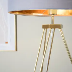 ValueLights Aero Modern Gold Hairpin Design Tripod Floor Lamp with Grey/Gold Drum Shade - Includes 6w LED GLS Bulb 3000K