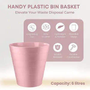 MantraRaj Pack Of 2 Plastic Waste Paper Bin 6L Round Waste Basket Trash Can Lightweight Rubbish Bin (Pink)