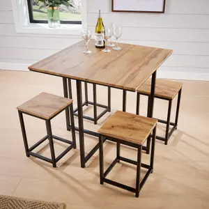 Home Source Paphos Table and 4 Bar Stool Set Oak Effect Black Metal Legs