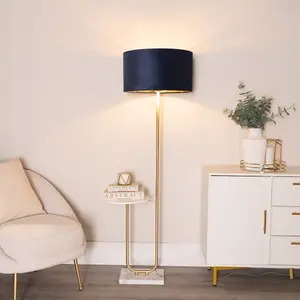 ValueLights Tavel Gold Floor Lamp with Table and Navy Blue Velvet with Gold Inner Lamp Shade and LED Bulb